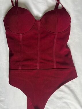 Haute Monde Burgundy Bustier Thong Bodysuit